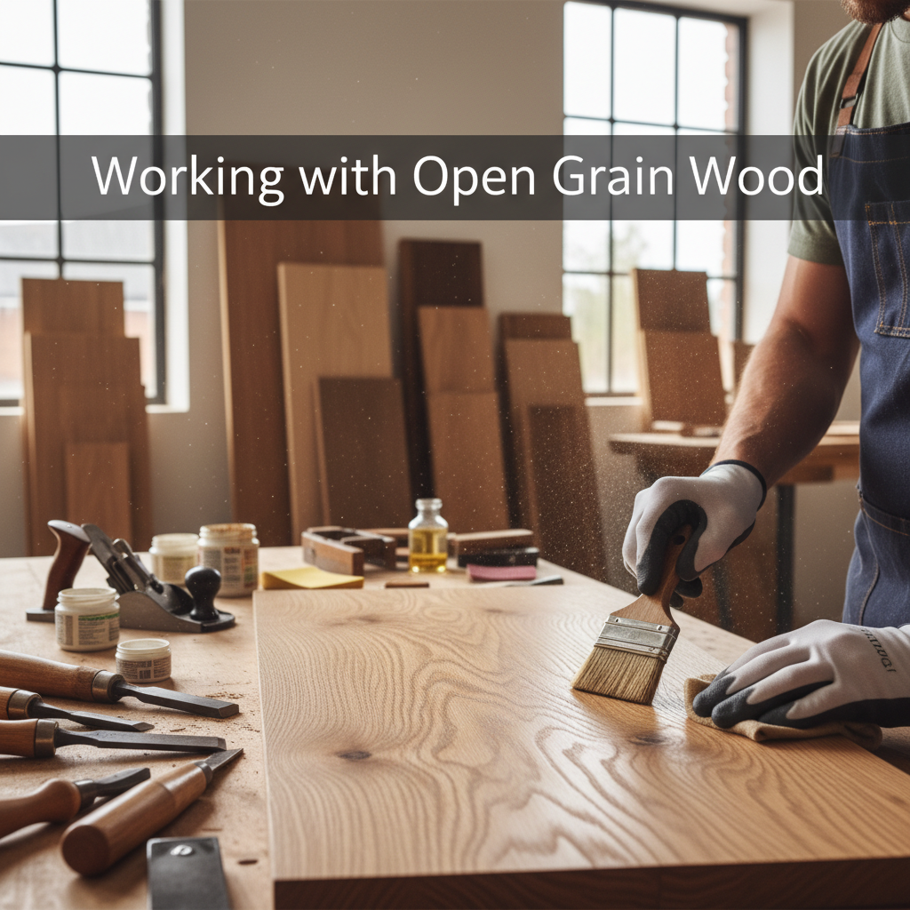 Professional blog header image for article titled: Working with Open Grain Wood. High quality, relevant imagery, clean composition.