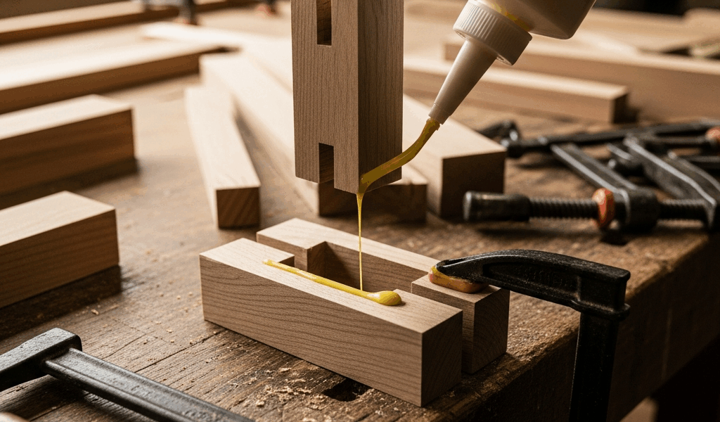 wood glue being applied to a mortise and tenon joint in a wo 20260331 084442
