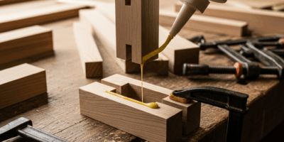 wood glue being applied to a mortise and tenon joint in a wo 20260331 084442