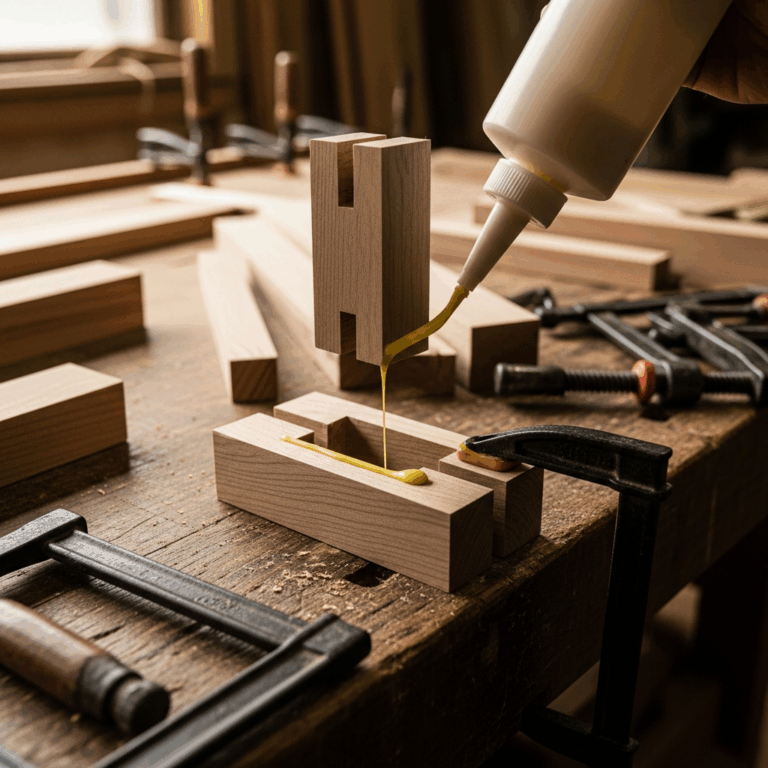 wood glue being applied to a mortise and tenon joint in a wo 20260331 084442