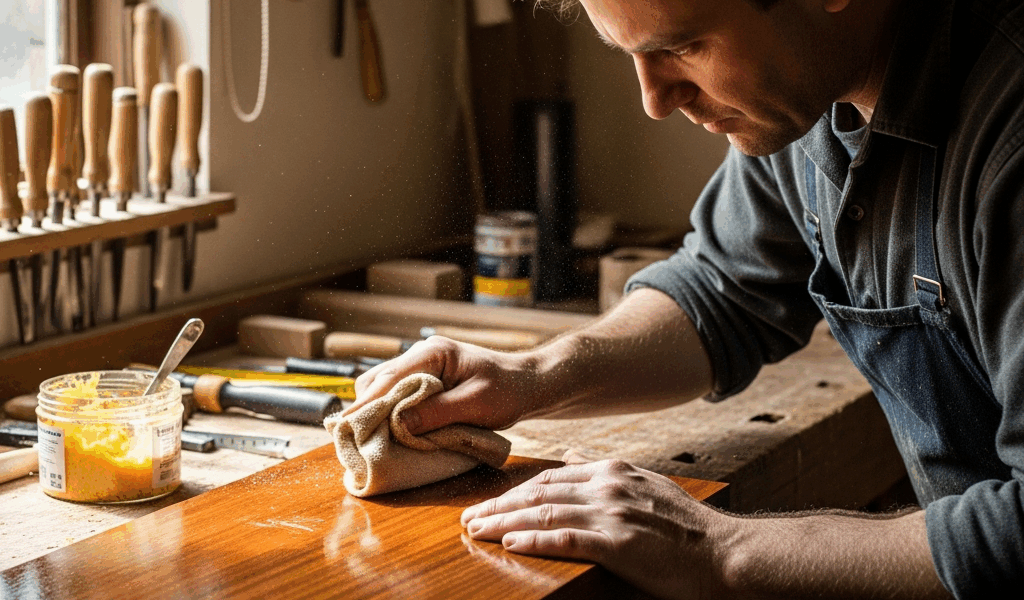 woodworker applying French polish shellac with rubber pad