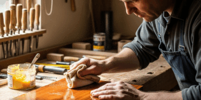 woodworker applying French polish shellac with rubber pad