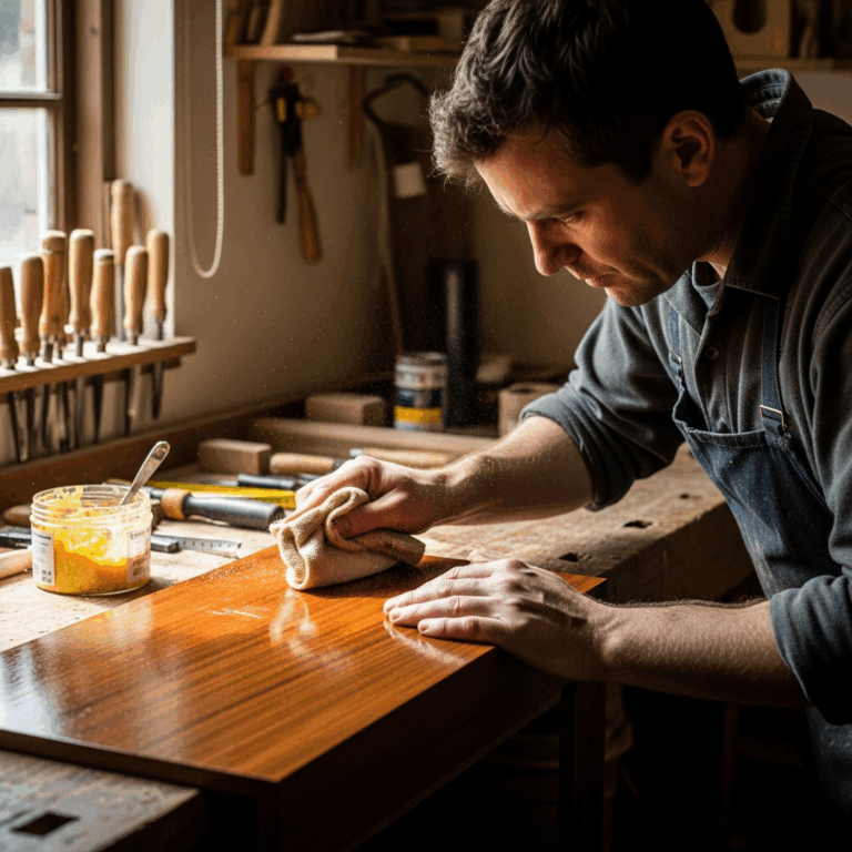 woodworker applying French polish shellac with rubber pad